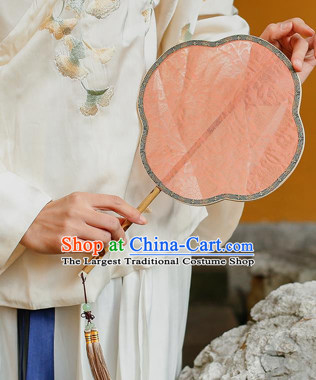 China Traditional Song Dynasty Princess Fan Handmade Palace Fan Classical Jacquard Pink Silk Fan