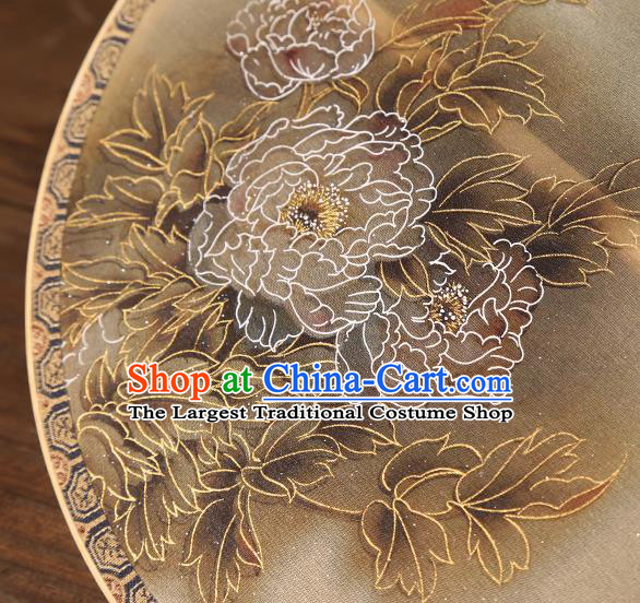 China Traditional Palace Fan Classical Peony Pattern Beige Silk Fan Handmade Hanfu Circular Fan