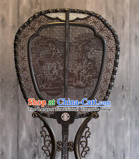 China Traditional Carving Wood Fan Classical Palace Fan Handmade Hollow Ebony Fan