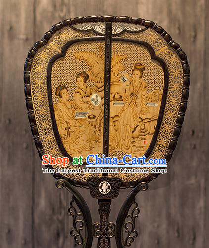 China Classical Beauty Pattern Palace Fan Handmade Hollow Rosewood Fan Traditional Carving Wood Fan