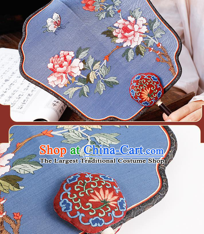 China Handmade Palace Fan Classical Peony Pattern Blue Silk Fan Traditional Ming Dynasty Hanfu Fan