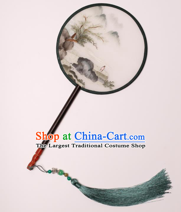 China Handmade Embroidered Landscape Circular Fan Classical Dance Palace Fan Traditional Hanfu Silk Fan