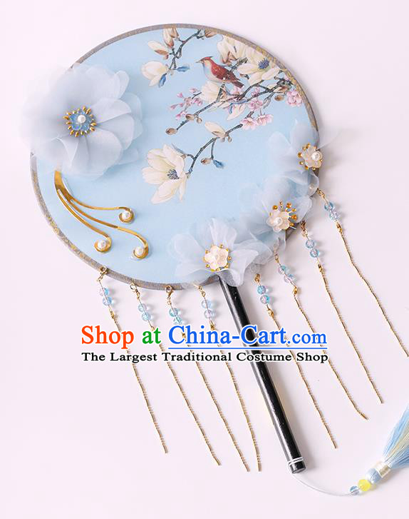 China Classical Tassel Circular Fan Handmade Palace Fan Traditional Printing Mangnolia Blue Silk Fan