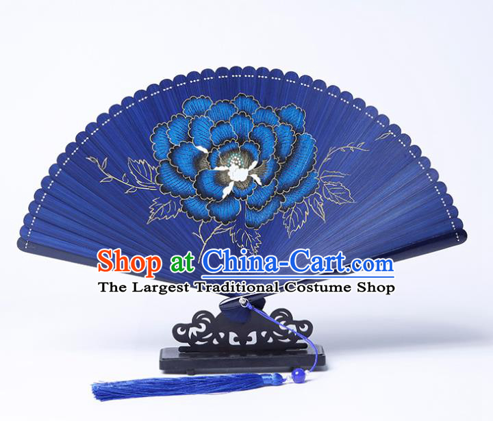 Chinese Handmade Painting Peony Fan Traditional Blue Bamboo Accordion Classical Folding Fan