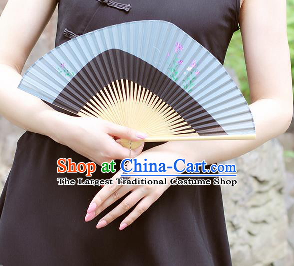 Chinese Handmade Tai Chi Folding Fan Printing Light Blue Silk Fan Traditional Kung Fu Accordion