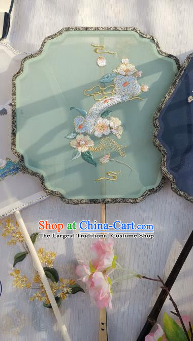 China Traditional Hanfu Princess Fan Handmade Embroidered Ruyi Palace Fan Classical Green Silk Fan