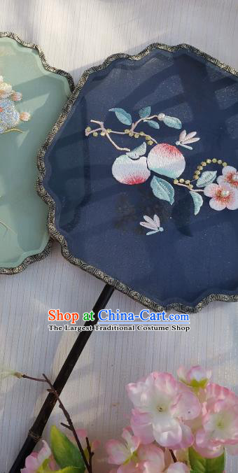 China Classical Navy Silk Fan Traditional Hanfu Princess Fan Handmade Embroidered Peach Flowers Palace Fan