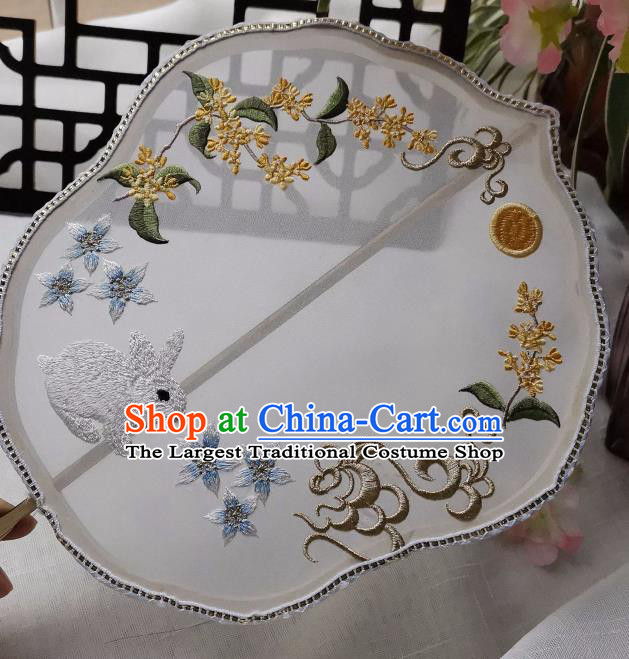 China Handmade Embroidered Osmanthus Rabbit Palace Fan Classical White Silk Fan Traditional Hanfu Princess Fan