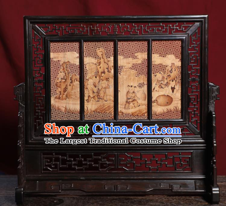 Handmade Chinese Traditional Sandalwood Table Ornament Carving Playing Boys Desk Screen