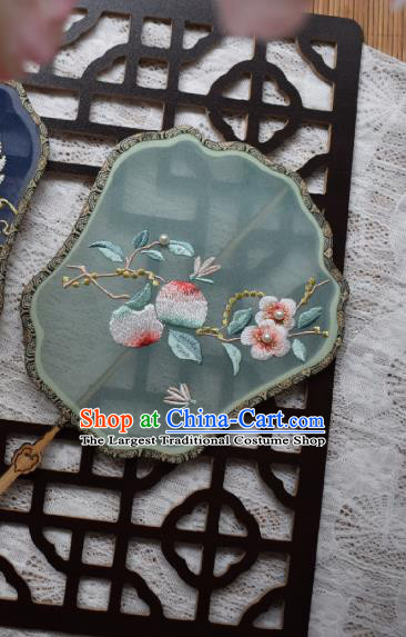 China Classical Hanfu Green Silk Fan Traditional Song Dynasty Wedding Fan Handmade Embroidered Peach Blossom Palace Fan