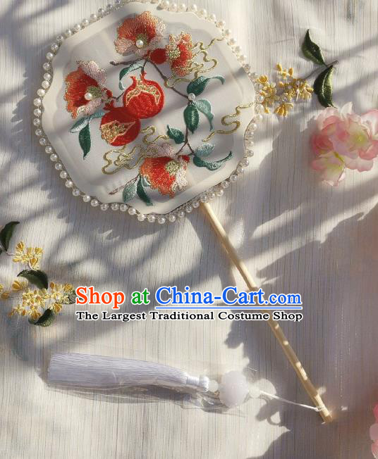 China Handmade Embroidered Pomegranate Palace Fan Classical White Silk Fan Traditional Hanfu Pearls Fan