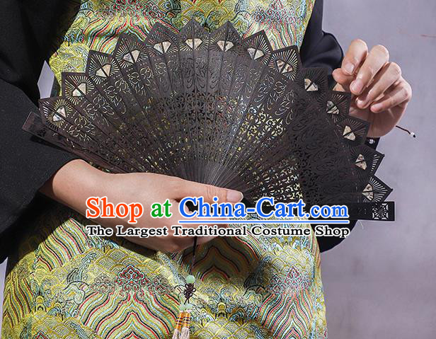 Chinese Classical Folding Fan Handmade Carving Fan Hollow Ebony Accordion