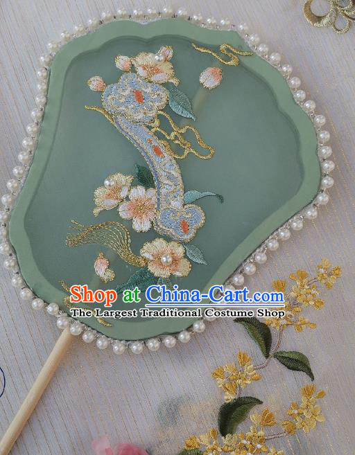 China Traditional Hanfu Pearls Fan Handmade Embroidered Ruyi Palace Fan Classical Green Silk Fan