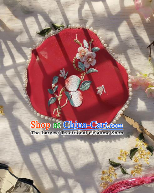 China Classical Wedding Red Silk Fan Traditional Song Dynasty Princess Fan Handmade Embroidered Peach Flowers Palace Fan