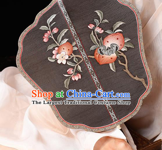 China Traditional Ming Dynasty Hanfu Fan Handmade Embroidered Peach Palace Fan Classical Black Silk Fan