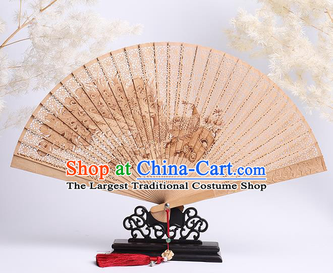 Chinese Classical Folding Fan Handmade Sandalwood Accordion Printing Peacock Fan Craft