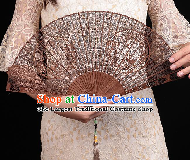 Chinese Traditional Sandalwood Accordion Classical Folding Fan Handmade Carving Dragon Phoenix Fan