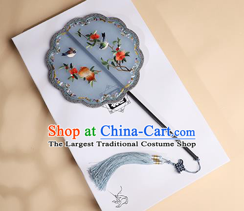 China Traditional Song Dynasty Wedding Fan Classical Blue Silk Fan Handmade Embroidered Palace Fan