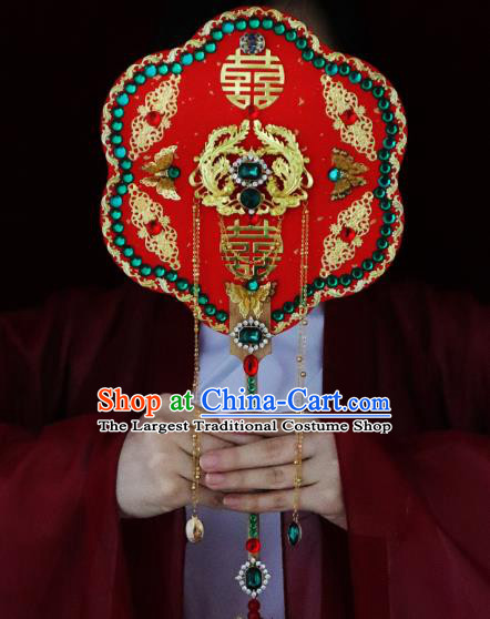 China Handmade Green Crystal Palace Fan Classical Bride Red Fan Traditional Wedding Silk Fan