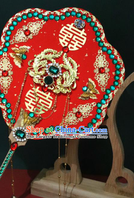 China Handmade Green Crystal Palace Fan Classical Bride Red Fan Traditional Wedding Silk Fan