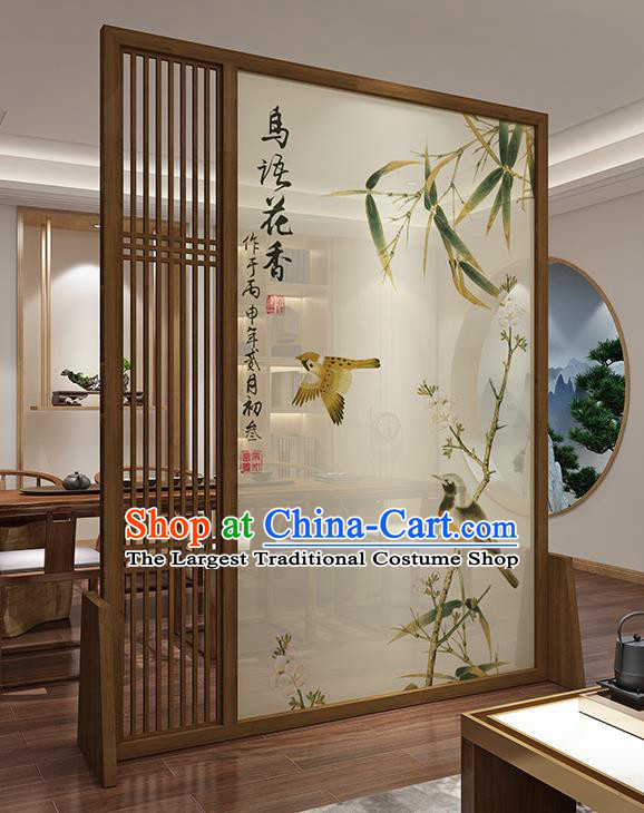 Chinese Handmade Printing Bamboo Bird Floor Screen Walnut Moving Screen