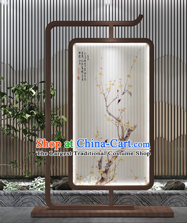 Chinese Handmade Walnut Stand Screen Printing Plum Bird Floor Lantern