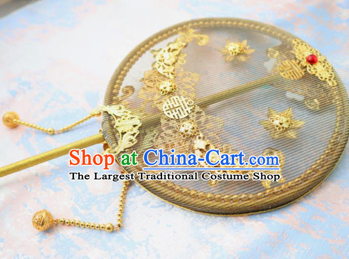 China Traditional Wedding Golden Circular Fan Handmade Palace Fan Classical Hanfu Fan
