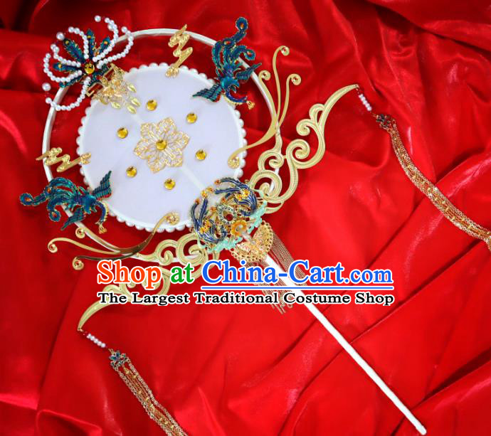 China Classical Hanfu Bride Fan Traditional Wedding Golden Tassel Circular Fan Handmade Blueing Phoenix Palace Fan