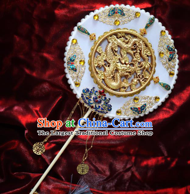 China Handmade Carving Golden Dragon Palace Fan Classical Blueing Butterfly Fan Traditional Wedding Circular Fan