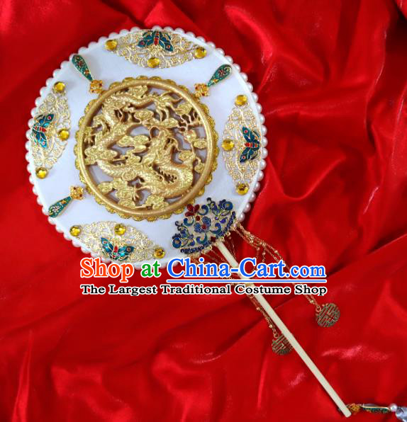 China Handmade Carving Golden Dragon Palace Fan Classical Blueing Butterfly Fan Traditional Wedding Circular Fan