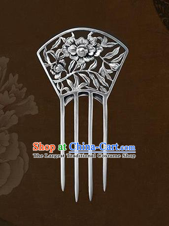 Chinese National Silver Hair Comb Cheongsam Carving Peony Hairpin Traditional Hair Accessories