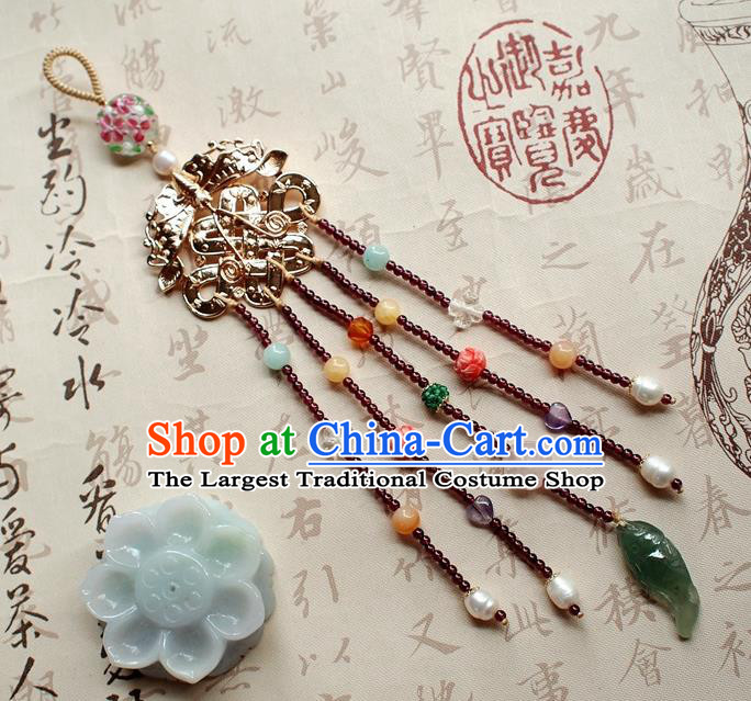 Chinese Traditional Jadeite Pendant Accessories National Cheongsam Garnet Tassel Brooch