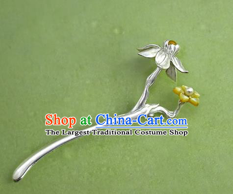 Chinese National Silver Daffodil Hair Stick Traditional Cheongsam Hair Accessories Handmade Shell Hairpin