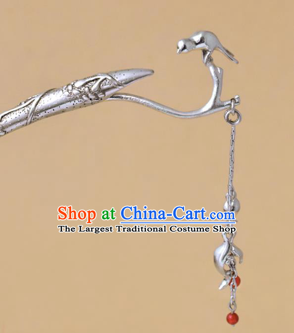 Chinese National Hair Stick Traditional Cheongsam Hair Accessories Handmade Silver Phoenix Head Tassel Hairpin