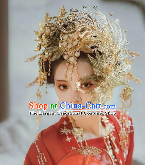 Chinese Traditional Wedding Headwear Ancient Imperial Concubine Golden Phoenix Crown and Mask