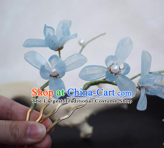 Chinese Ancient Palace Lady Hairpin Traditional Hanfu Blue Orchids Hair Stick