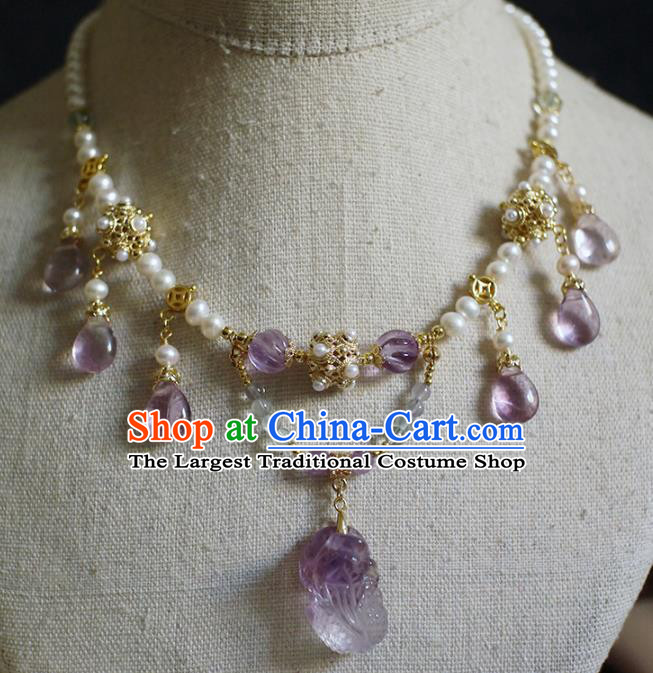 Chinese Traditional Hanfu Pearls Necklace Jewelry Ancient Ming Dynasty Princess Amethyst Necklet