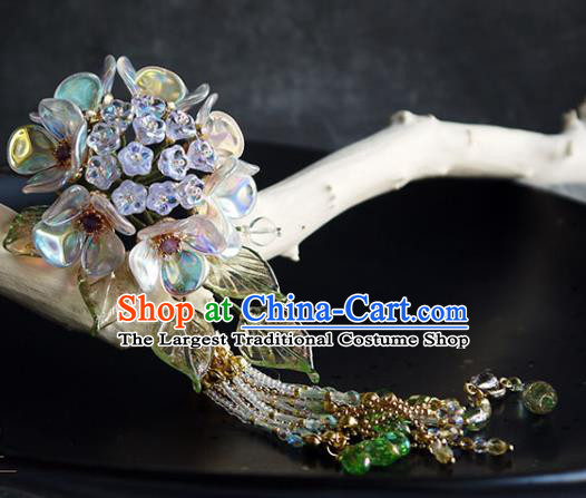 Chinese Traditional Ming Dynasty Blue Hydrangea Hair Stick Ancient Imperial Concubine Beads Tassel Hairpin