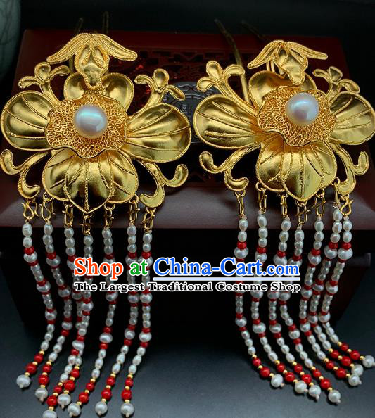 Chinese Ancient Empress Golden Lotus Leaf Hair Stick Traditional Ming Dynasty Pearls Tassel Hairpin