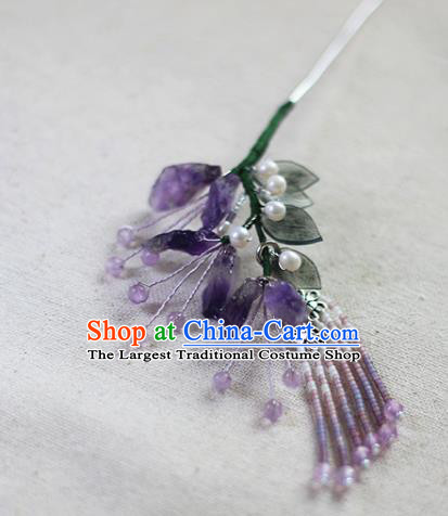Chinese Ancient Princess Amethyst Hairpin Traditional Ming Dynasty Purple Beads Tassel Hair Clip