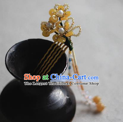 Chinese Ancient Court Lady Pearls Hairpin Traditional Ming Dynasty Yellow Plum Blossom Hair Comb
