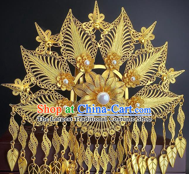 Chinese Ancient Court Woman Golden Tassel Hair Crown Traditional Ming Dynasty Pearls Hair Comb