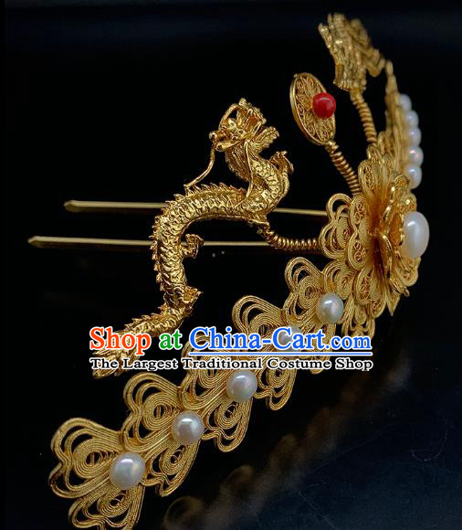 Chinese Ancient Court Empress Pearls Hair Crown Traditional Ming Dynasty Golden Phoenix Dragon Hairpin