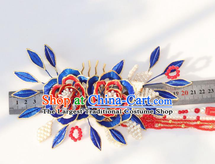 Chinese Ancient Court Lady Royalblue Silk Peony Hairpin Traditional Ming Dynasty Princess Red Tassel Hair Comb
