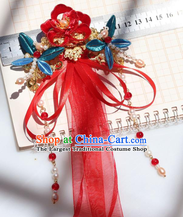 Chinese Ancient Princess Red Silk Ribbon Hair Claw Handmade Hanfu Tassel Hair Accessories