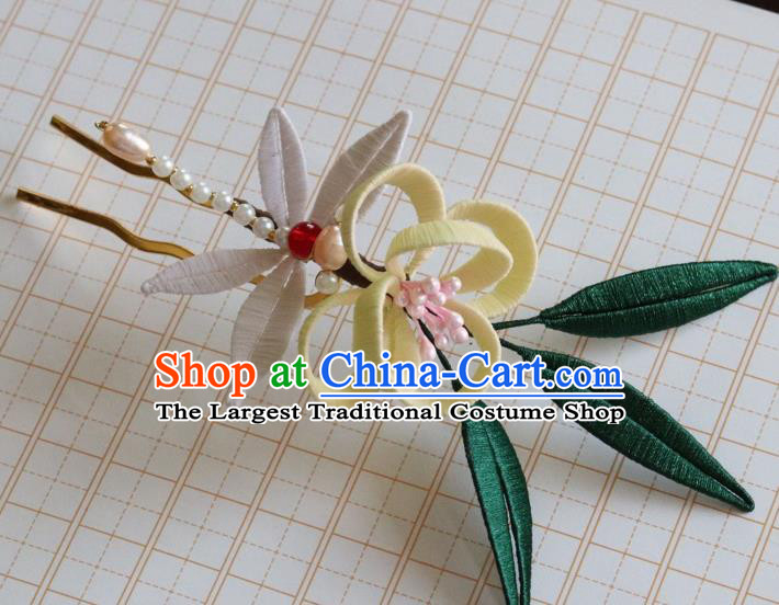 Chinese Ancient Palace Lady Pearls Dragonfly Hair Stick Handmade Hanfu Yellow Silk Flowers Hairpin