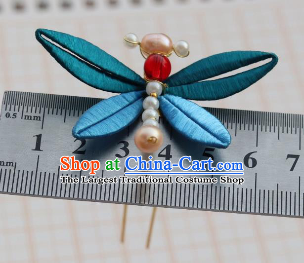 Chinese Ancient Princess Blue Silk Hair Stick Handmade Song Dynasty Pearls Dragonfly Hairpin