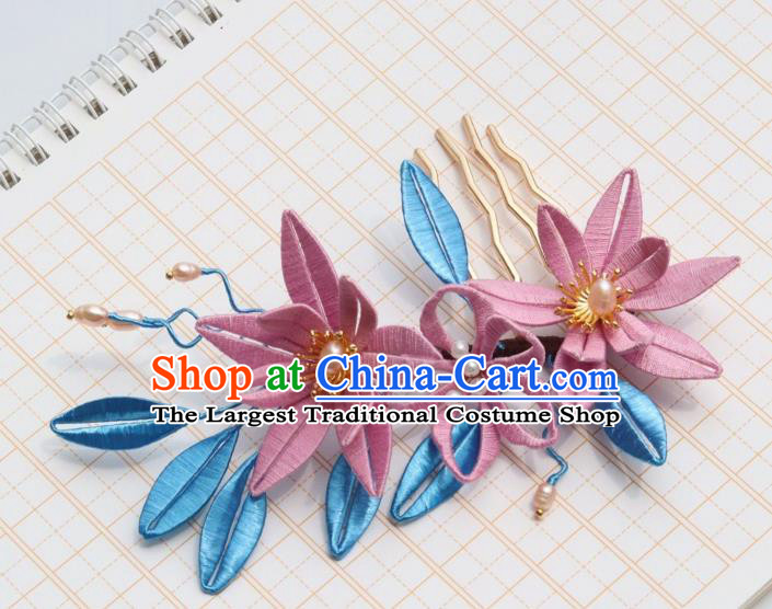 Chinese Handmade Pink Silk Epiphyllum Hair Comb Ancient Song Dynasty Princess Pearls Hairpin