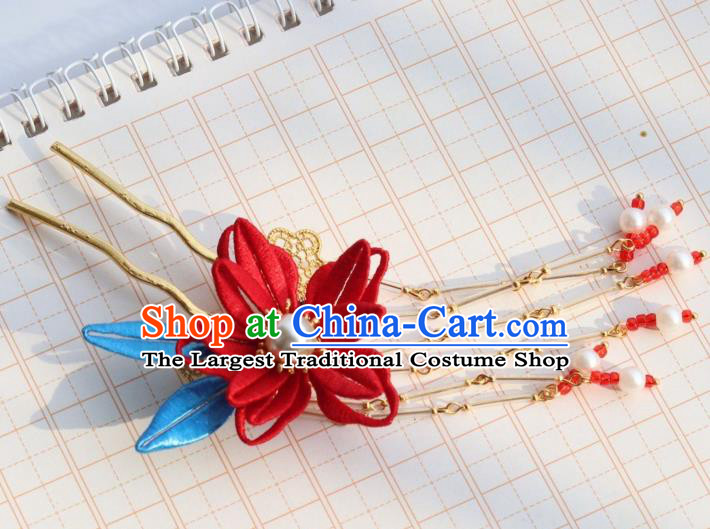 Chinese Handmade Hanfu Red Beads Tassel Hair Stick Ancient Ming Dynasty Princess Red Epiphyllum Hairpin