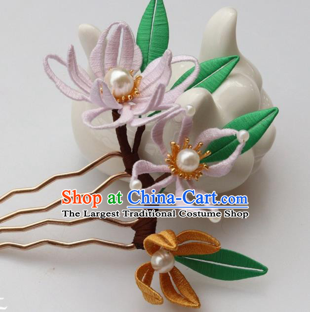 Chinese Handmade Pearls Hair Stick Ancient Ming Dynasty Princess Silk Orchids Hair Comb